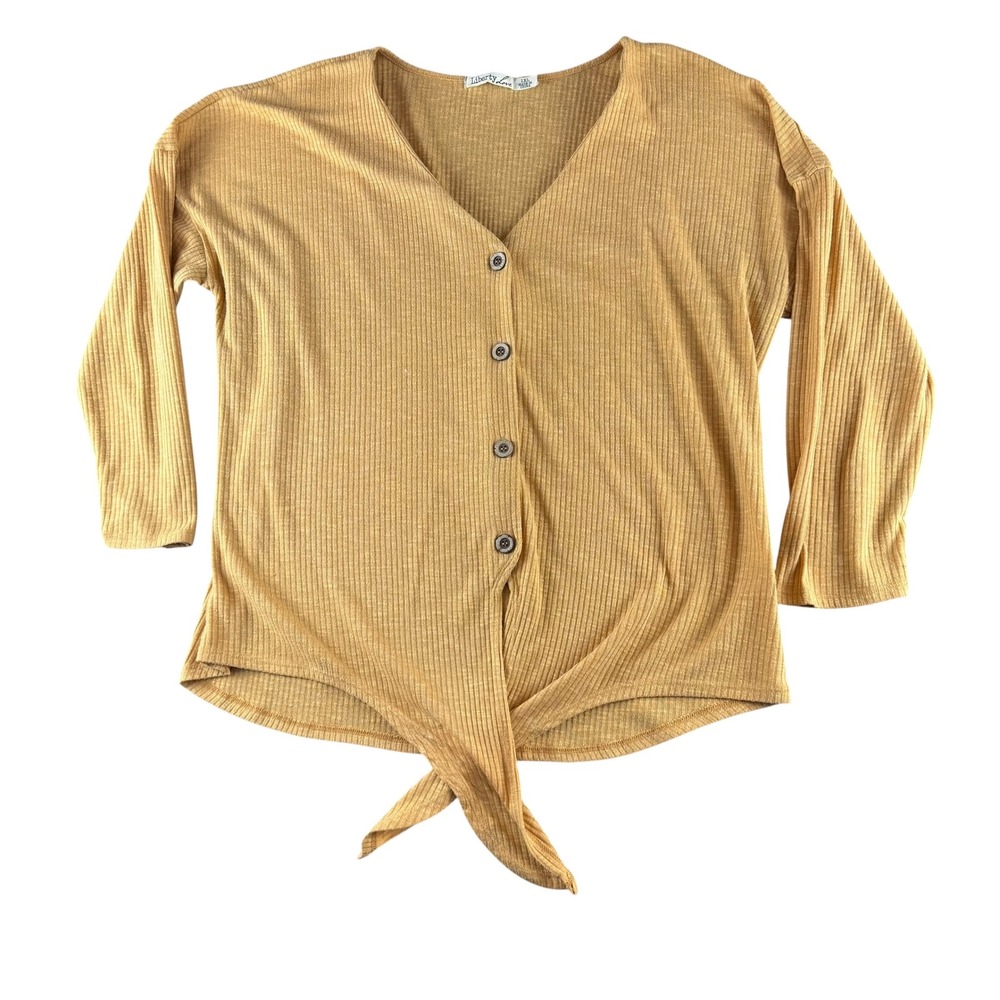 Liberty Love‎ Mustard Yellow Ribbed Knit Front Tie Button Cardigan Top 1XL